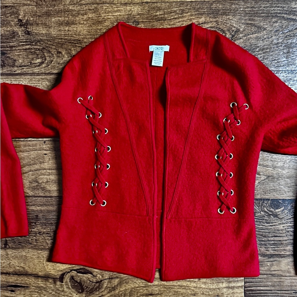 Cache ~ Women's Small ~100% Wool ~ Red Blazer Jacket W/ Lace Up Detail Hook Loop - Picture 8 of 16